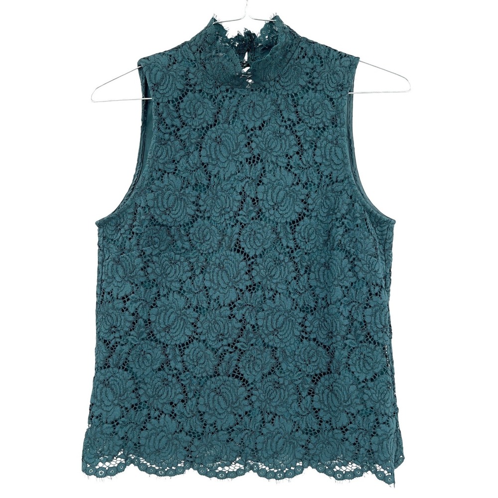 H&M Women's Teal Floral Lace Mock Neck Sleeveless Blouse Top Romantic Goth 12‎